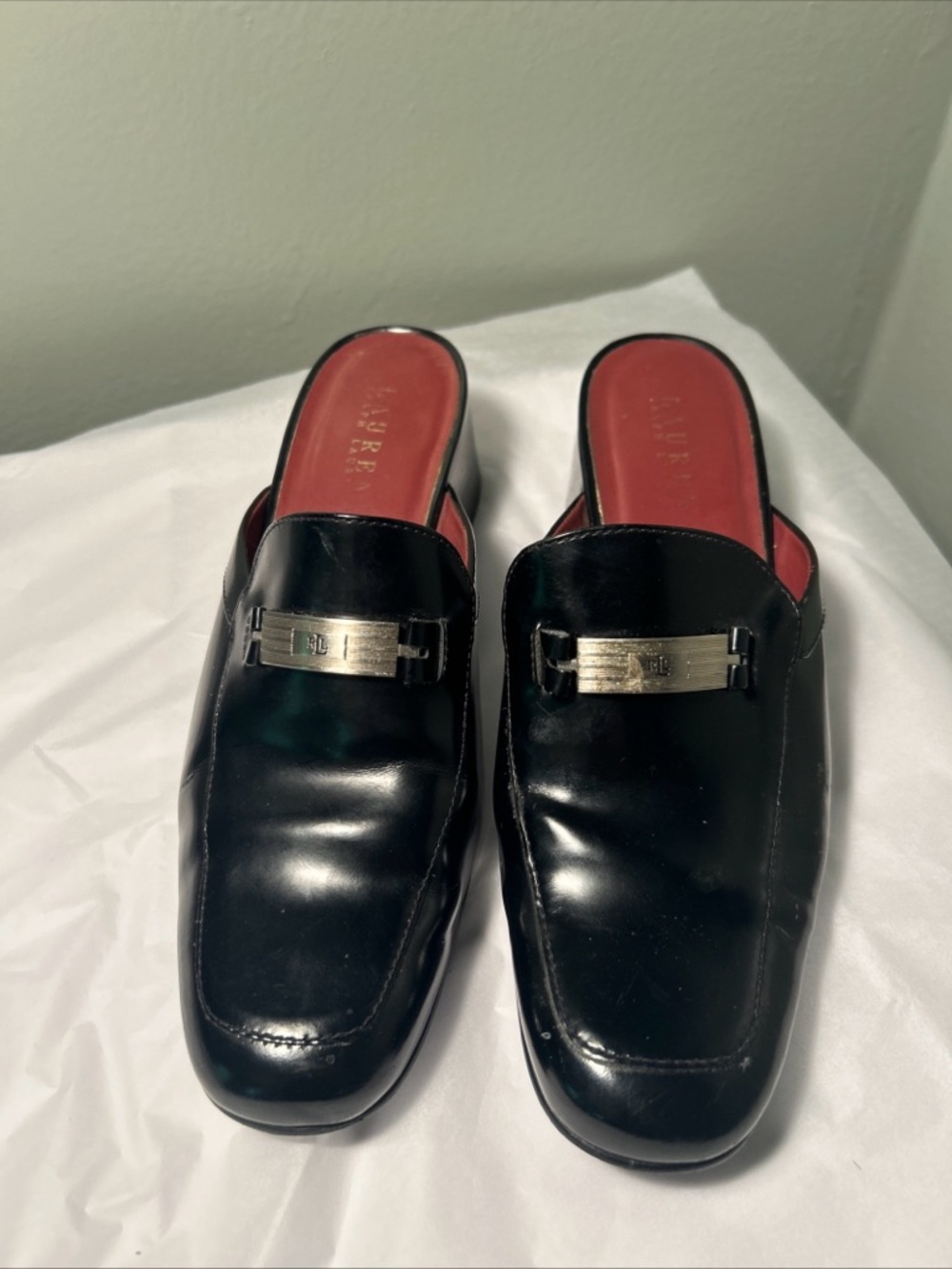Black Leather Slip-On Mules with Red Insole -